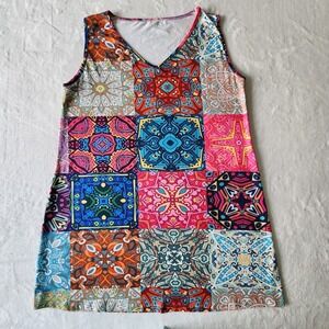 Patchwork‎ Print Mini Dress Womens XL 44" Chest Bohemian Boho Festival Stretch